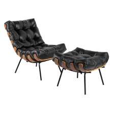 Poltrona e Puff Decorativos Sala de Estar Costela Couro Preto G34 - Gran Belo