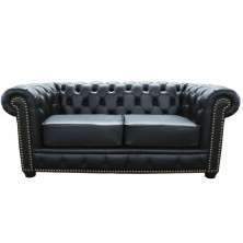 Sofá 2 Lugares Sala de Estar Chesterfield com Pés Madeira Couro Preto - Gran Belo