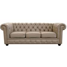 Sofá 3 Lugares Sala de Estar 235cm Chesterfield Pés Madeira Couro Avelã - Gran Belo 