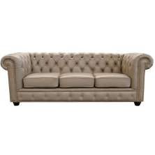 Sofá 3 Lugares Sala de Estar 235cm Chesterfield Pés Madeira Couro Avelã G40 - Gran Belo
