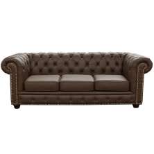 Sofá 3 Lugares Sala de Estar 235cm Chesterfield Pés Madeira Couro Capucino - Gran Belo 