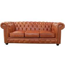 Sofá 3 Lugares Sala de Estar 235cm Chesterfield Pés Madeira Couro Conhaque G40 - Gran Belo