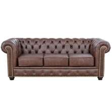 Sofá 3 Lugares Sala de Estar 235cm Chesterfield Pés Madeira Couro Tabaco - Gran Belo 