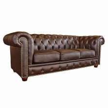 Sofá 3 Lugares Sala de Estar Chesterfield Pés Madeira Couro Tabaco Brilho - Gran Belo
