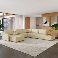 Sofá de Canto Decorativo Sala de Estar 715cm Modulado Takashi com Chaise e Puffs Linho Bege G45 - Gran Belo