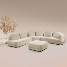 Sofá de Canto Modulado Vercelli 442cm com Almofadas Soltas e Puff Veludo Luxo Bege  G92 - Gran Belo