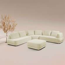 Sofá de Canto Modulado Vercelli 562cm com Almofadas Soltas e Puff Veludo Luxo Off White G92 - Gran Belo