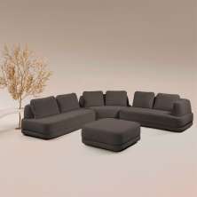 Sofá de Canto Modulado Vercelli 602cm com Almofadas Soltas e Puff Veludo Luxo Marrom  G92 - Gran Belo