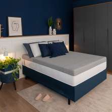 Cama Box Casal Azul com Colchão Guldi Dream Mola Ensacada (30x138x188) Cinza e Branco