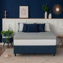 Cama Box King Com Guarda Objetos Azul com Colchão Guldi Dream Mola Ensacada (30x193x203) e 2 Travesseiros Guldi Dream Branco e Azul