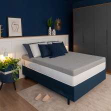 Cama Box Queen Azul com Colchão Guldi Dream Mola Ensacada (30x158x198) Cinza e Branco