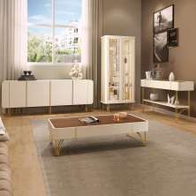 Conjunto 1 Cristaleira 1 Buffet 1 Mesa de Centro e 1 Aparador Évora/Saluti/Cadenza/Vivant Off White/Castanho G26 - HB Móveis