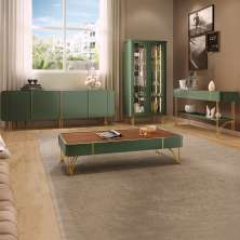 Conjunto 1 Cristaleira 1 Buffet 1 Mesa de Centro e 1 Aparador Évora/Saluti/Cadenza/Vivant Verde/Castanho G26 - HB Móveis