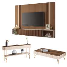Conjunto Home c/LED Aparador e Mesa de Centro Empire/Vivant/Cadenza MDF/MDP Off White/Castanho G26 - HB Móveis