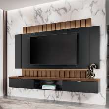 Painel Home Suspenso 2.2 para TV até 70 Polegadas com Fita LED MDP/MDF Illusion Preto/Castanho G26 - HB Móveis