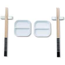 Kit Sushi 2 Pessoas 6 Pçs Hashi Japonês Madeira Molheiras Cerâmica e Apoios de Hashi Nankin Haus