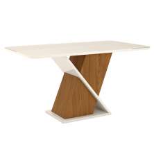 Mesa de Jantar Retangular com Tampo de Vidro Fiorella I Off White e Nature 160 cm