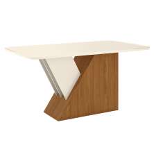 Mesa de Jantar Retangular com Tampo de Vidro Lucena I Off White e Nature 160 cm