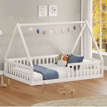 Cama Viúva Infantil Montessori Branco Madeira Casa com Estrado Stella