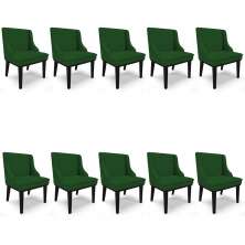 Kit 10 Cadeiras Estofadas para Sala de Jantar Base Fixa de Madeira Preto Lia Veludo Luxo Verde - Ibiza
