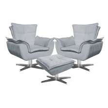 Kit 2 Poltronas Decorativas Base Giratória Cromada com Puff Opla Suede Cinza - Ibiza