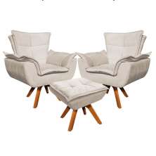 Kit 2 Poltronas Decorativas Base Giratória Giromad com Puff Opla Suede Bege - Ibiza