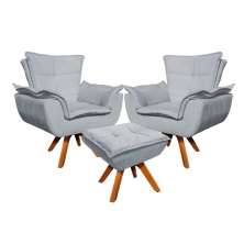Kit 2 Poltronas Decorativas Base Giratória Giromad com Puff Opla Suede Cinza - Ibiza