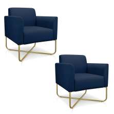 Kit 2 Poltronas Decorativas Base Industrial X Dourada Maressa S01 Suede Azul Marinho - Ibiza