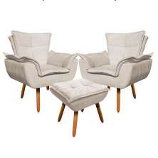 Kit 2 Poltronas Decorativas Pés Palito com Puff Opla Suede Bege - Ibiza