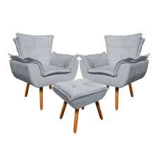 Kit 2 Poltronas Decorativas Pés Palito com Puff Opla Suede Cinza - Ibiza