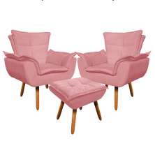 Kit 2 Poltronas Decorativas Pés Palito com Puff Opla Suede Rose - Ibiza