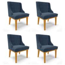 Kit 4 Cadeiras Estofadas para Sala de Jantar Base Fixa de Madeira Castanho Lia Suede Azul Marinho - Ibiza