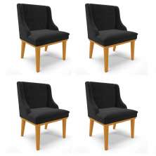 Kit 4 Cadeiras Estofadas para Sala de Jantar Base Fixa de Madeira Castanho Lia Suede Preto - Ibiza