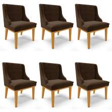 Kit 6 Cadeiras Estofadas para Sala de Jantar Base Fixa de Madeira Castanho Lia Suede Marrom - Ibiza