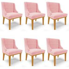 Kit 6 Cadeiras Estofadas para Sala de Jantar Base Fixa de Madeira Castanho Lia Suede Rosa bebê - Ibiza