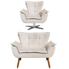 Kit Namoradeira 2 Lugares e 1 Poltrona Decorativa Giratória Cromada Opla Suede Bege - Ibiza