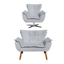 Kit Namoradeira 2 Lugares e 1 Poltrona Decorativa Giratória Cromada Opla Suede Cinza - Ibiza