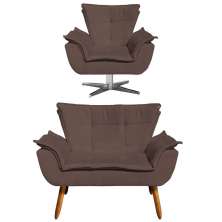 Kit Namoradeira 2 Lugares e 1 Poltrona Decorativa Giratória Cromada Opla Suede Marrom - Ibiza