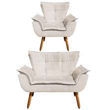 Kit Namoradeira 2 Lugares e 1 Poltrona Decorativa Pés Palito Opla Suede Bege - Ibiza