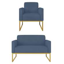 Kit Namoradeira e 1 Poltrona Decorativa Base Industrial Dourada Maressa S04 Suede Azul Marinho - Ibiza