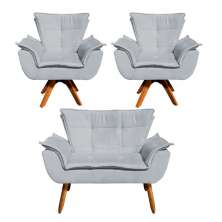 Kit Namoradeira e 2 Poltronas Base Giratória Madeira Opla Suede Cinza - Ibiza