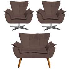 Kit Namoradeira e 2 Poltronas Giratórias Cromada Opla Suede Marrom - Ibiza