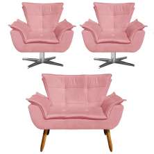 Kit Namoradeira e 2 Poltronas Giratórias Cromada Opla Suede Rose - Ibiza