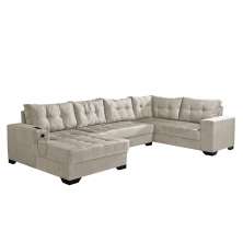 Sofá de Canto 6 Lugares Dijon com Chaise Esquerdo e Entrada USB Suede Areia