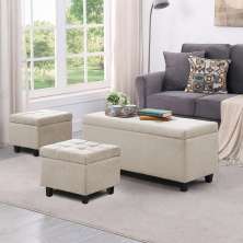 Kit Recamier Madri 1,60m + 2 Puff Suede Bege - Inova Decor