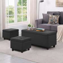 Kit Recamier Madri 1,60m + 2 Puff Suede Preto - Inova Decor