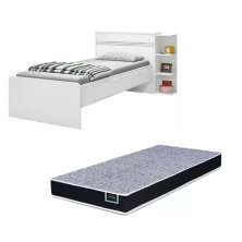 Base Cama Baú Solteiro Branca Multiuso Com 2 Gavetas e 3 Prateleiras  + 1 Colchão De Espuma D28 - 188X88