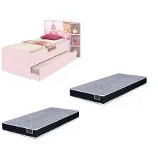 Base Cama Baú Solteiro Princesas Rosa Bicama Multiuso com Base Auxiliar e 03 Prateleiras + 2 Colchão De Espuma D28