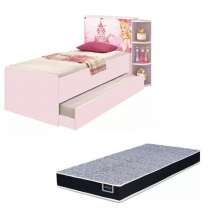 Base Cama Baú Solteiro Princesas Rosa Bicama Multiuso com Base Auxiliar e 03 Prateleiras + Colchão De Espuma D28