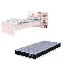 Base Cama Baú Solteiro Princesas Rosa com Baú Multiuso e 03 Prateleiras + 1 Colchão De Espuma D28